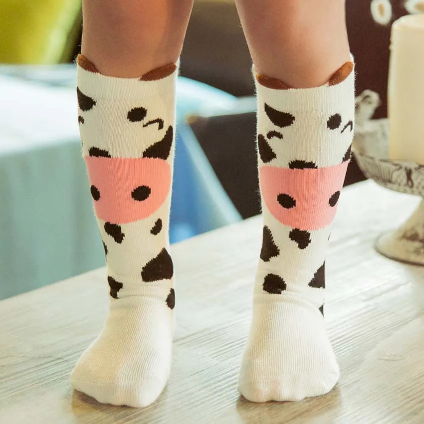 Pink Cow Dairy Christmas Long Socks for Girls Kids Meias Calca Infantil Toddler Knee High Socks Cartoon