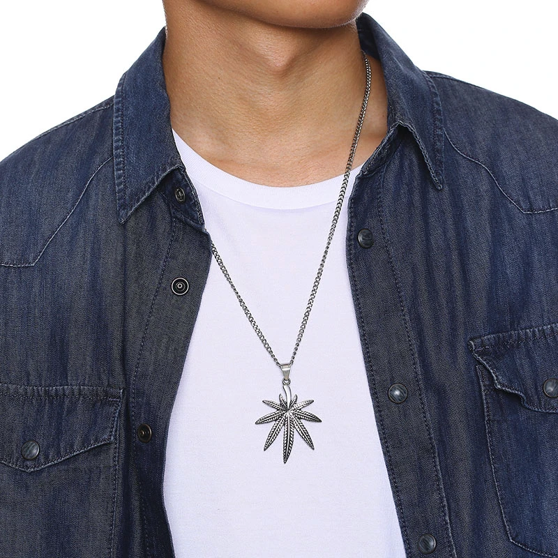 Men Stainless Steel Small Weed Herb Leaf Pendant Chain Necklace
