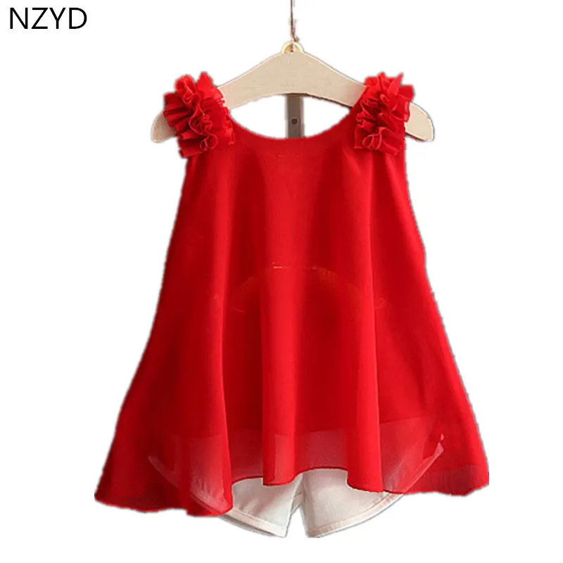 

2017 New Fashion Summer Girl Suit Children's Clothing Sleeveless Chiffon Tops + Shorts Casual Cute Kids Clothes 2PSC Set DC448
