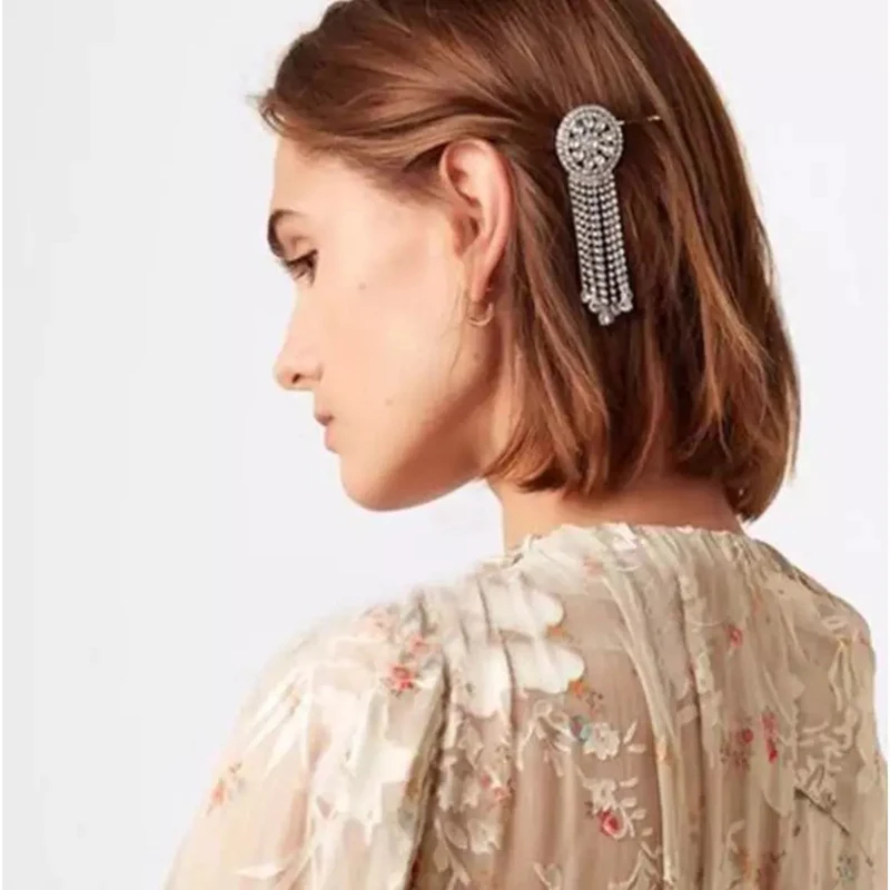 

Fashion Rhinestone Crystal Long Tassel Round Hairpin For Women Girls Elegant Wedding Party Hairband Hair Clip Jewelry Gift