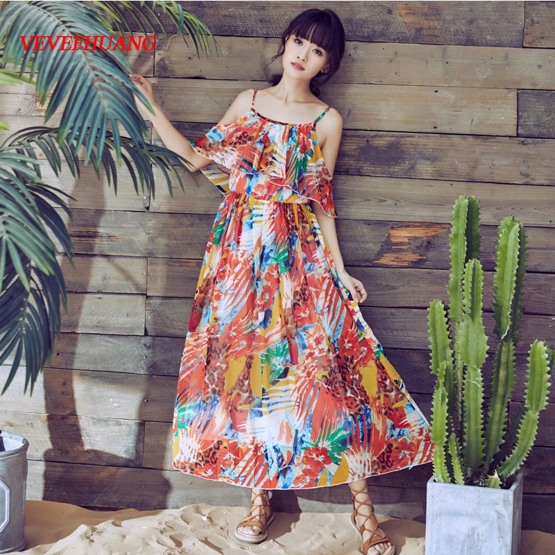 Summer Bohemianach Women Long dress Spaghetti Strap Print Chiffon Bali
