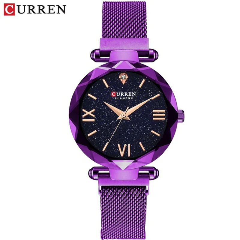 

NEW CURREN Luxury Women Watches Mesh Ladies Clock Magnet Buckle Starry Diamond Geometric Surface Casual Dress Quartz Wristwatch
