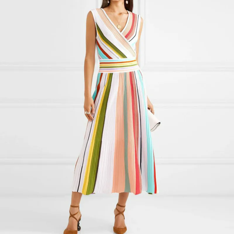 

Hot Bohemian Women's Striped Knitted Dresses Bright Rainbow Slim Mid Long Slim Dress 2019 Summer Ladies Sleeveless Party Vestido