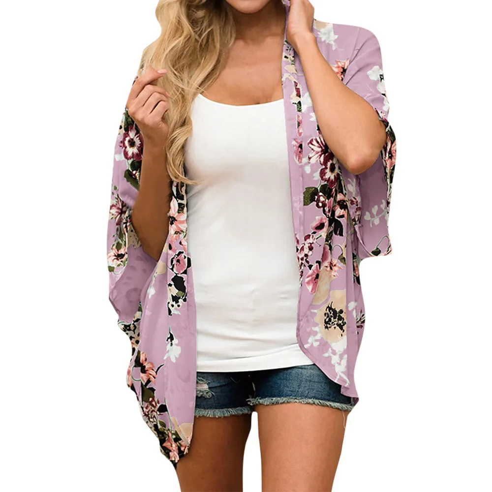 

Spring Summer Women Chiffon Floral Kimono Loose Half Sleeve Shawl Print Cardigan Casual Vintage Kimono Sexy Mesh Blouses