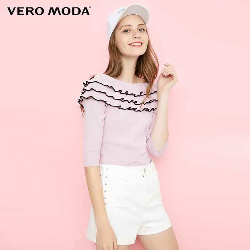 

Vero Moda Women's 2019 New Frilled Boat Neck 3/4 Sleeves Knit Sweater|318324532
