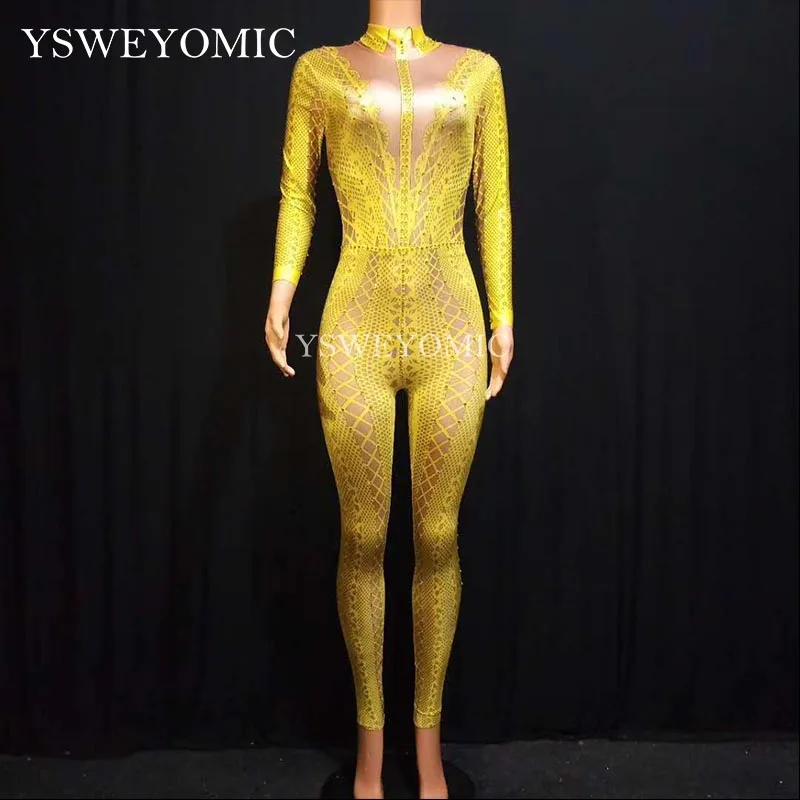 

White Yellow Black Rhinestones Bodysuit Women Stretch Jumpsuit Stage Dance Wear Latin Dance Jumpsuit for women