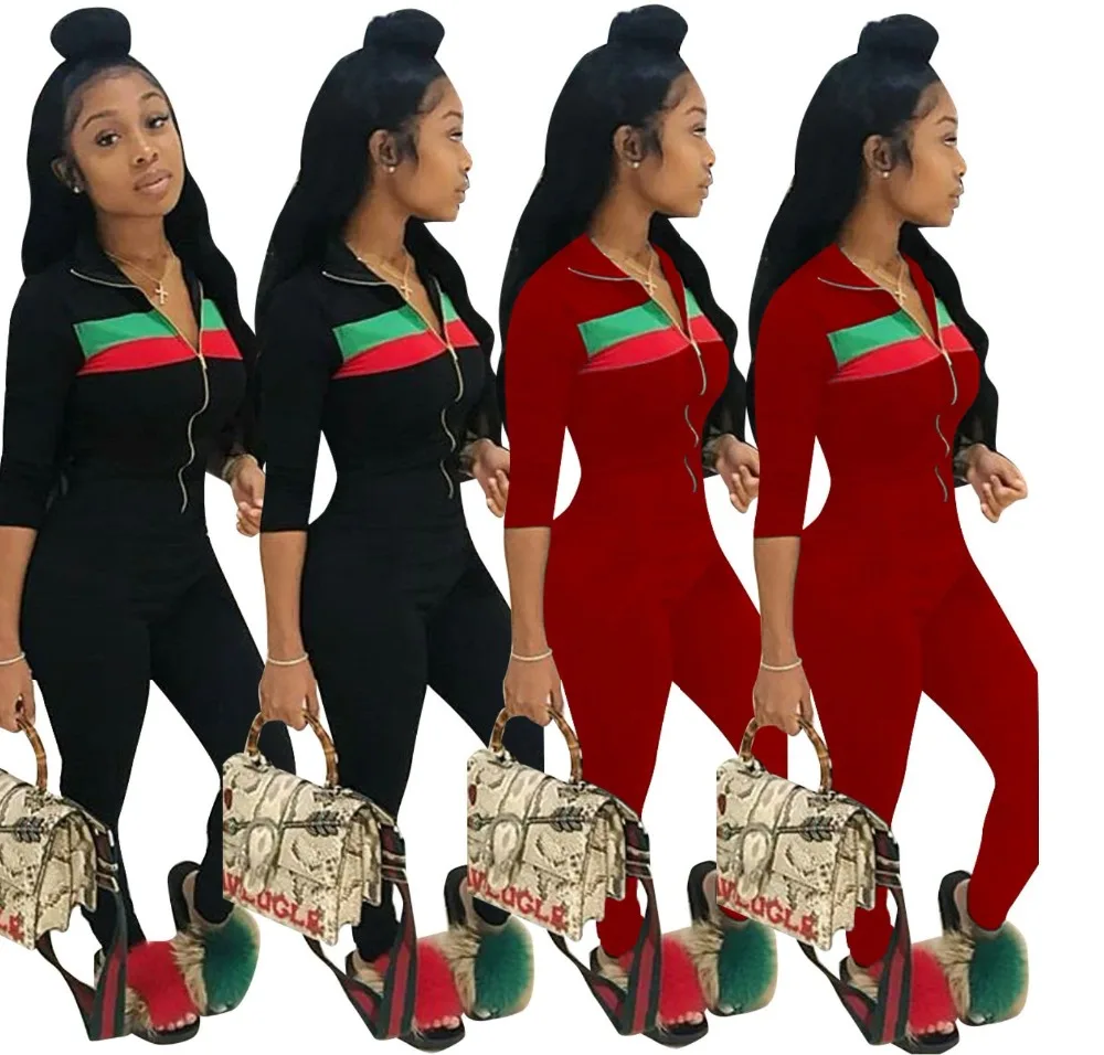 

Woman's Suits Casual Solid Color Sport Suits Striped Pattern Long Sleeve Tops and Pants Lady Sports Zipper Coats and Pants