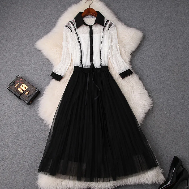

Skirt Suits Ladies 2019 Spring Summer Contrast Color Turn Down Collar Perspective Lace Shirt + Elastic Waist Mesh Pleated Skirt