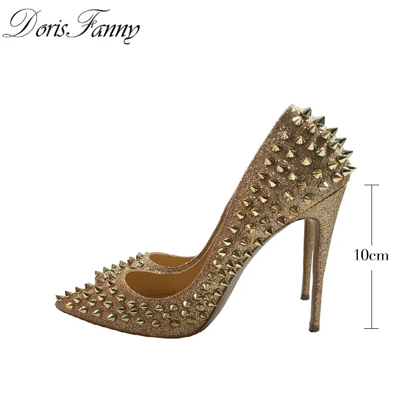 DorisFanny/женские туфли на высоком каблуке с шипами и заклепками; Цвет серебристый, золотистый; коллекция года; туфли на шпильке; большие размеры 34-45 - Цвет: gold 10cm