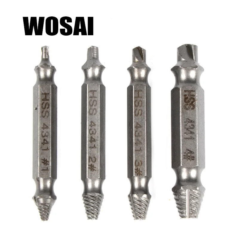  WOSAI HHS Steel 4Pcs Screw Extractor Drill Bits Guide Set Broken Damaged Bolt Remover Double Ended 