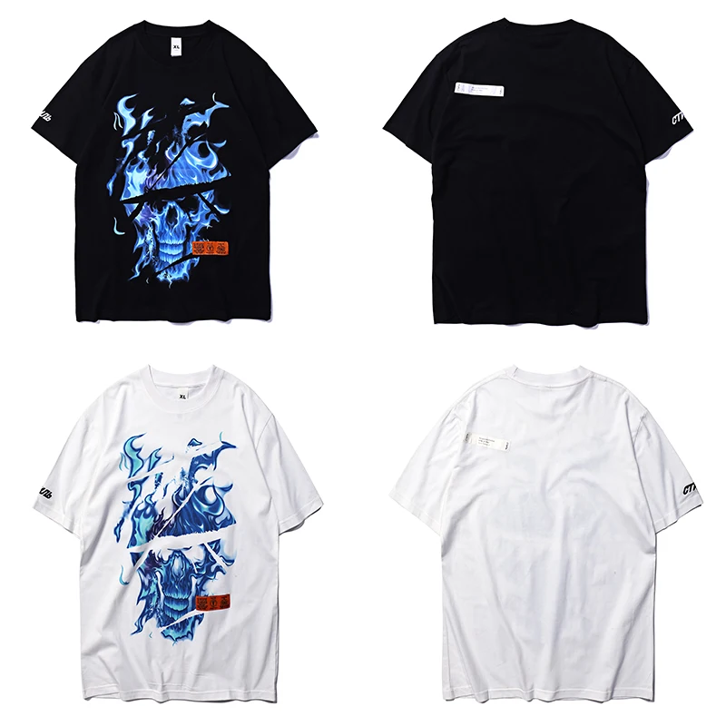 

Heron Preston Blue flame skull T-shirt ITALY Heron Preston Embroidery tshirt Men Cotton Loose Print Tees New Summer HipHop