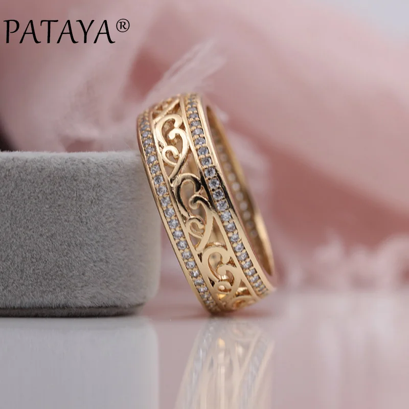 Koop PATAYA Nieuwkomers 585 Rose Gold Dubbele Rij Micro wax Inlay Natuurlijke Zirkoon Hollow Ringen Vrouwen Wedding Party Trendy fijne Sieraden