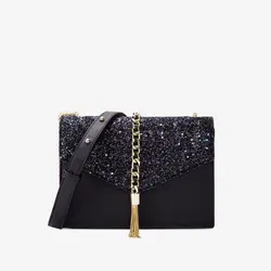 2019 вечерние сумки-мессенджеры с блестками и кисточками, с золотой цепочкой для девочек, модная женская сумка с откидной застежкой