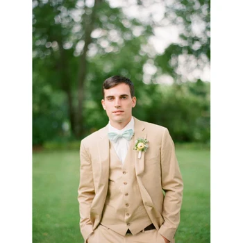 

2020 Latest Khaki Tan Linen Wedding Suits for Mens Slim Fit Tuxedo 3 Piece Custom Groom men suit Blazer Prom Suit Ternos