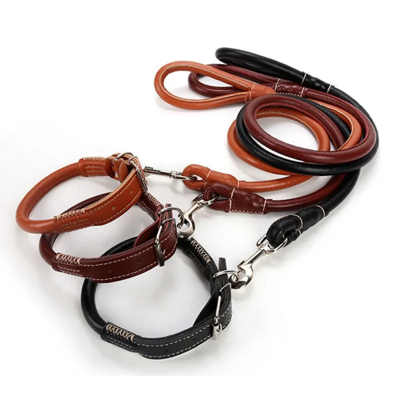 

High Quality Genuine PU Leather Large dogs Traction rope dog collar pet Traction belt round belt Collar Set For Big Do