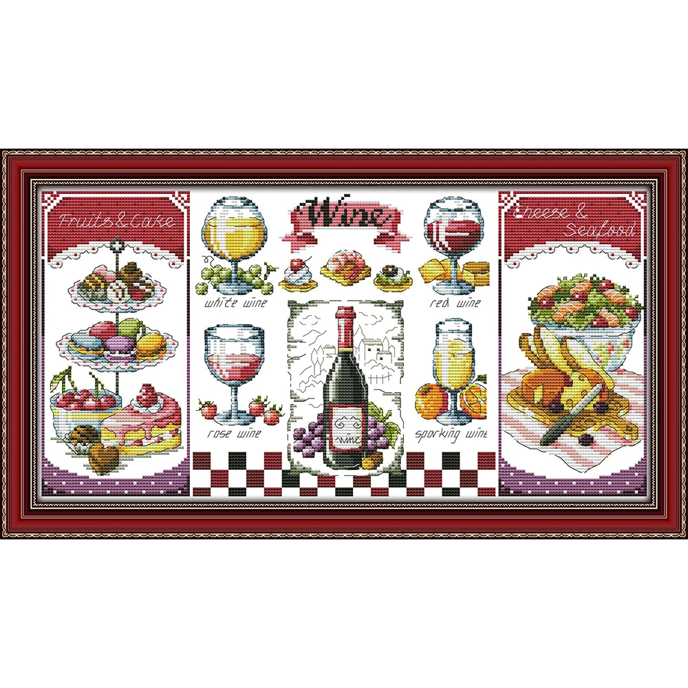 

Joy Sunday Red wine and desserts Chinese cross stitch kits Ecological cotton printed 11CT DIY gift wedding decoration for home