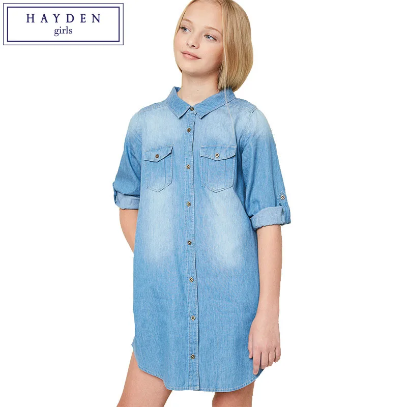 HAYDEN Girls Denim Dress Long Sleeve Size 8 12 Spring 2017 Dresses Girls Denim Shirt Dress Teenage Girls Clothing 14 Years