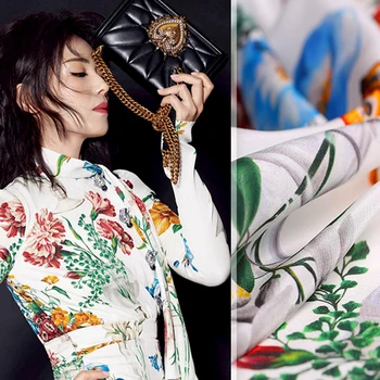 

135CM Wide 19MM Floral and Grass Print White Silk Crepe de Chine Fabric for Summer Dress Jacket Pants DE1026