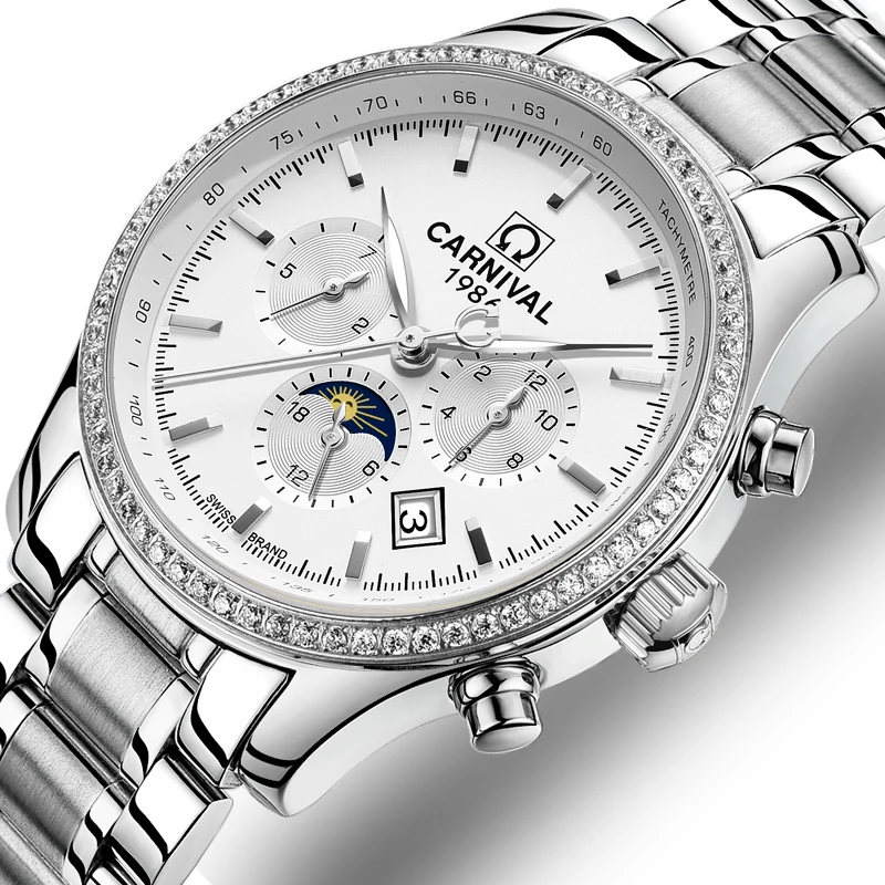 

Carnival Phase Moon Mechanical Watch Men Diamond Bezel Luminescence Miyota Movement Double Calendar Silver Stainless steel