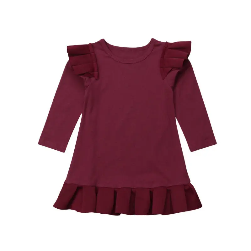 PUDCOCO Fashion Girl Princess Fly Sleeve Dress Kid Baby Party Wedding Pageant Long Sleeve Autumn cotton Dresses Clothes 1-6T - Color: Wine Red