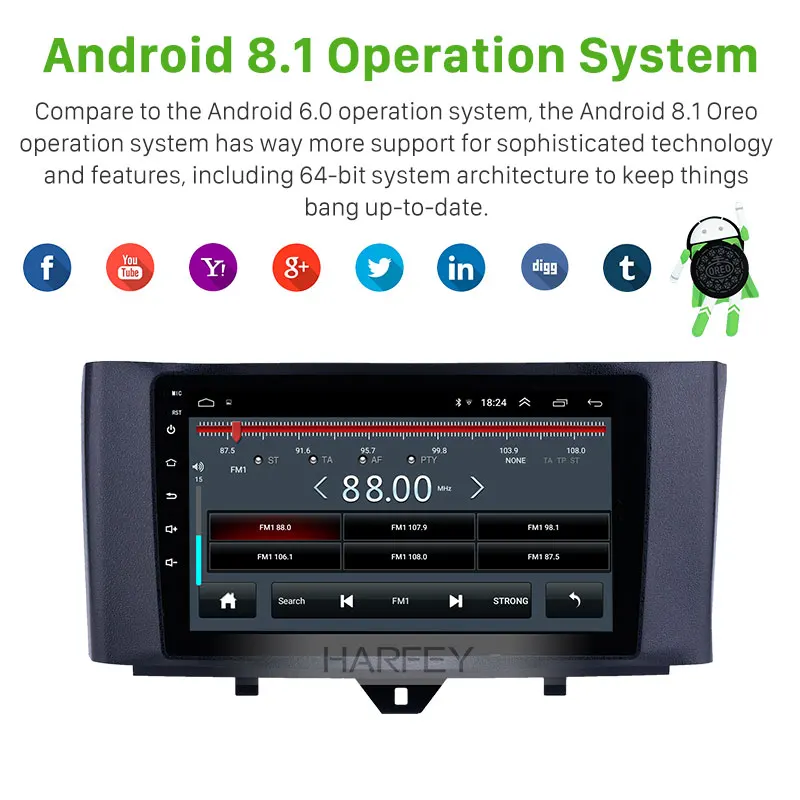Harfey 9 inch HD Touchscreen Android 8.1 Radio GPS Navigation for Mercedes Benz Smart 2011-2015 Bluetooth with Music WIFI