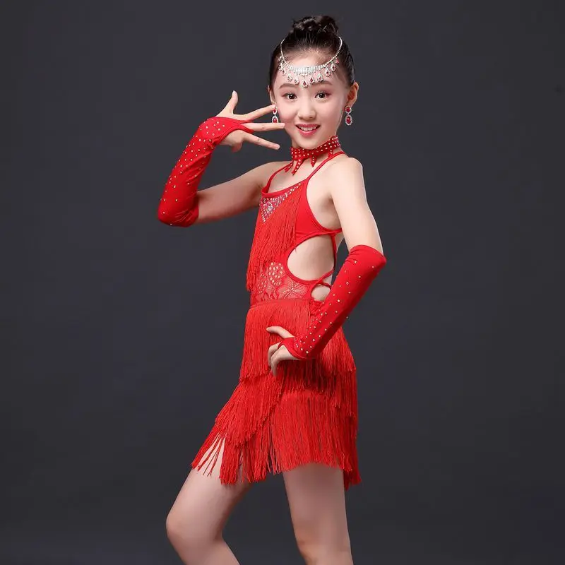 Children Dance Clothing Latin Dance Costumes Tassels Fringe Blue Pink Red Salsa Dress Child