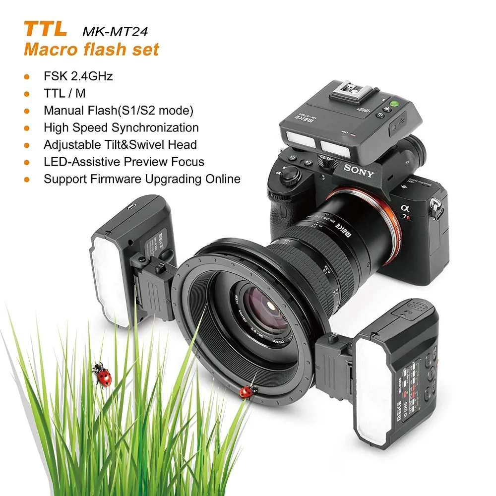 Meike MK-MT24 Macro Twin Lite Speedlite TTL LED Macro Flash for Canon Nikon Sony A9 A7 III A7RIII MI Hot Shoe Mount Camera
