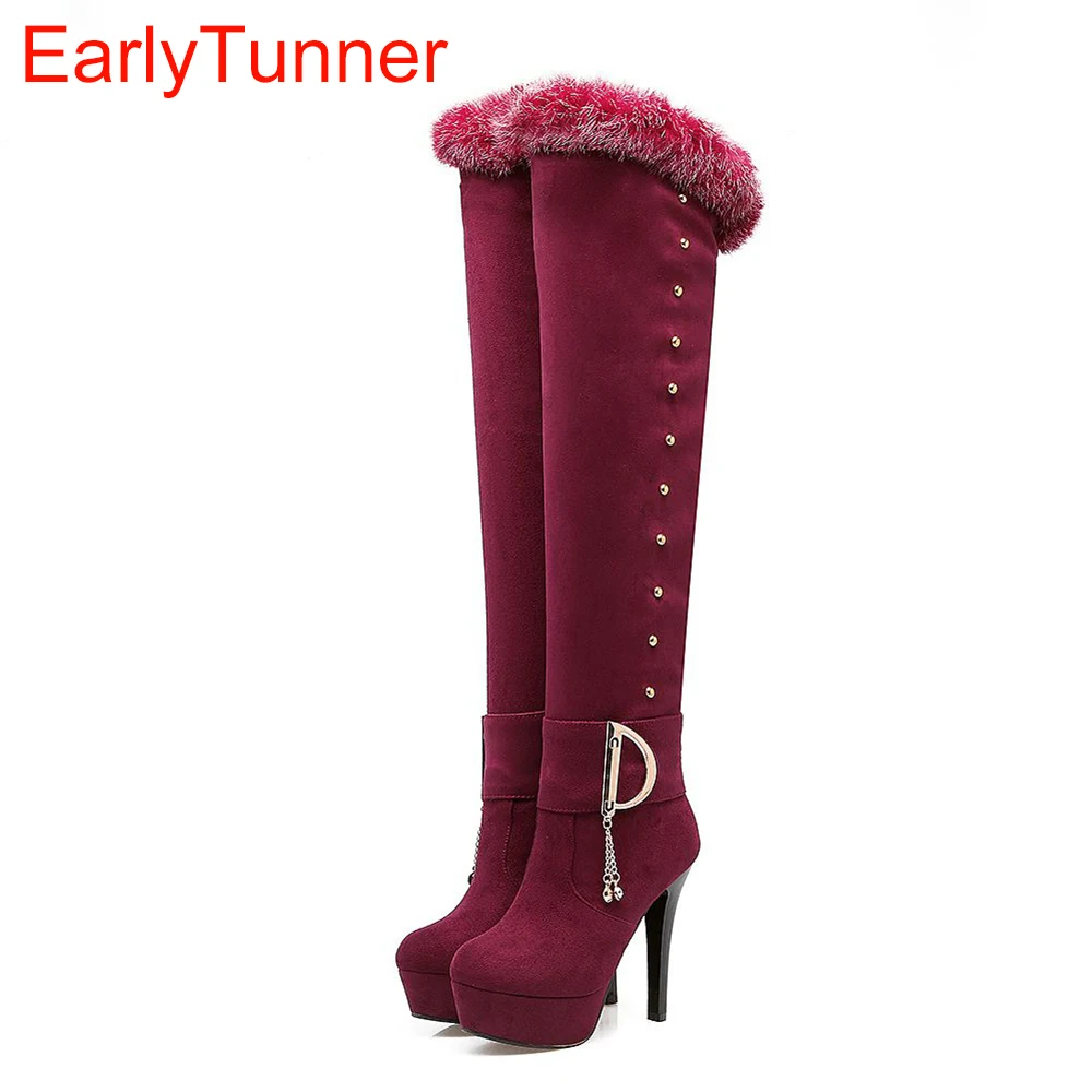 

Brand New Quality Winter Black Red Women Thigh High Fur Platform Boots Lady Rivets Shoes Super Heels ET18 Plus Big size 10 43