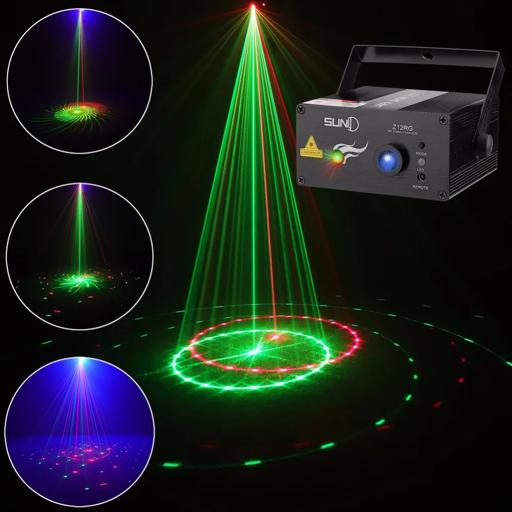 SUNY Laser Light Laser Projector DJ Stage Lighting 12 Gobos in Red Green Laser Light Blue Stars Mixed Effect Remote Control Stage Lighting Party Sound Activated Dance Show Xmas Holiday Home Decorative 