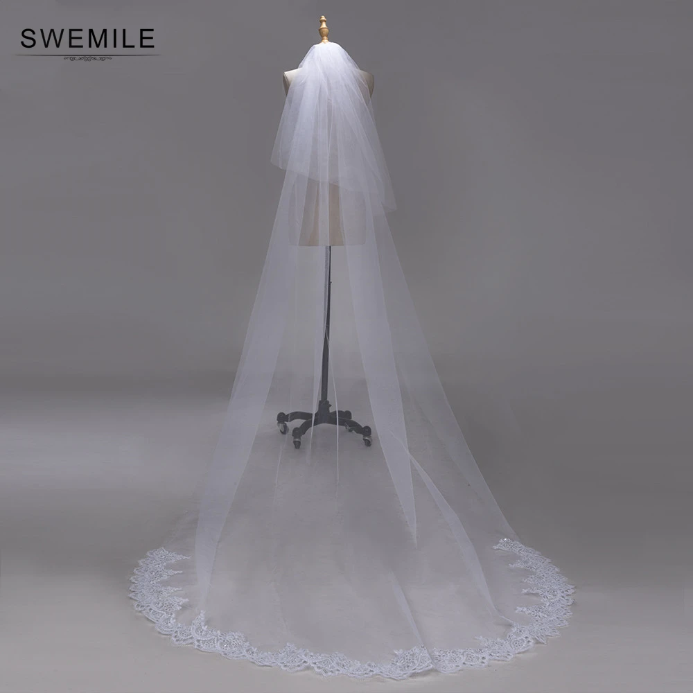 SWEMILE 3 м свадебная фата с кружевной кромкой, дешевая вуаль, покрытая лицом, белая, слоновая кость, тюль, свадебная вуаль Velo de Novia