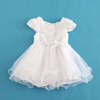 Flowers Short Sleeve White Baby Girl Dress Infant Toddler Summer Organza Christening Party Dresses Kids Girls