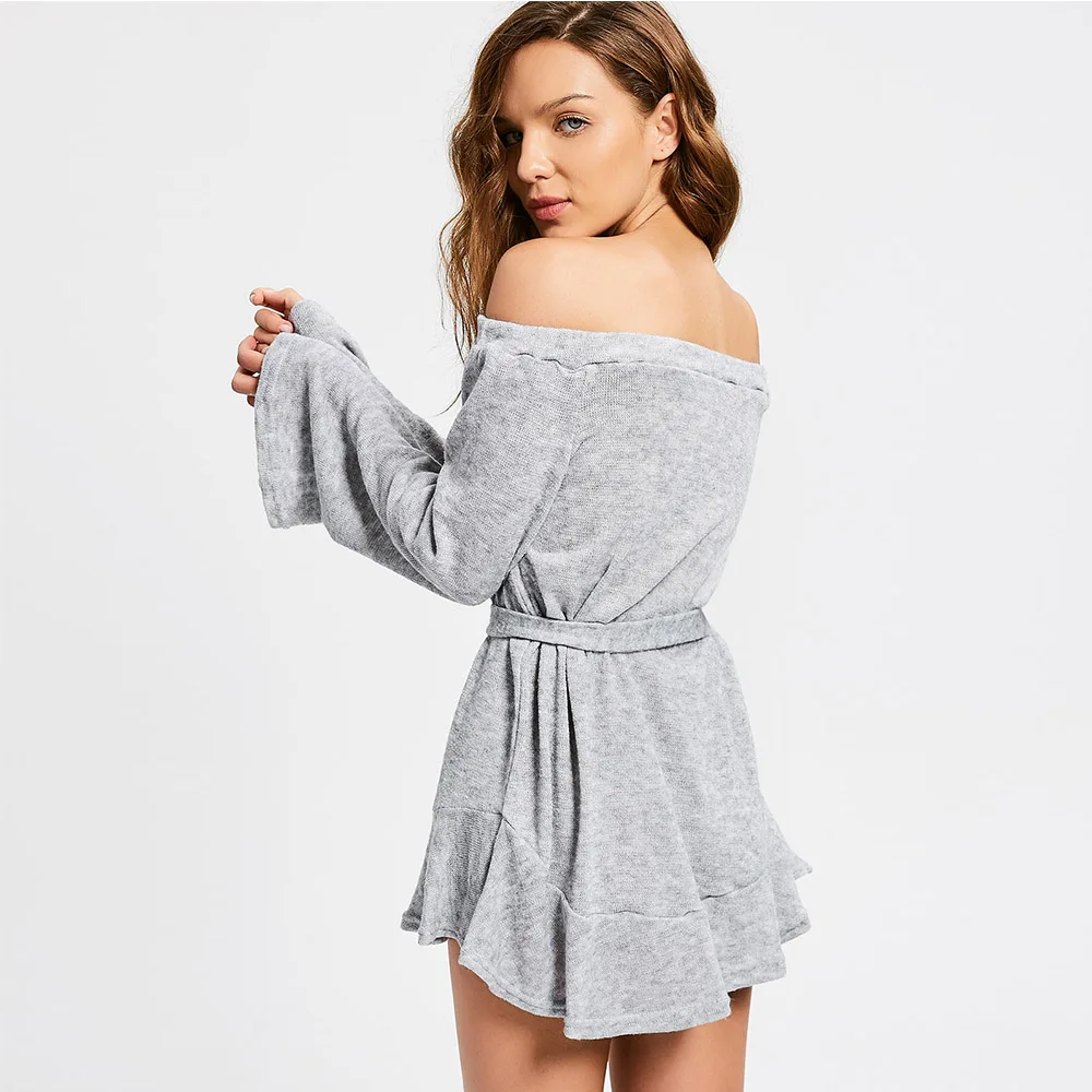 VESTLINDA Off Shoulder Mini Gray Dress with Belt Slash Neck Long Sleeve Casual Dresses Women Fall 2017 Fashion Vestido De Festa 3