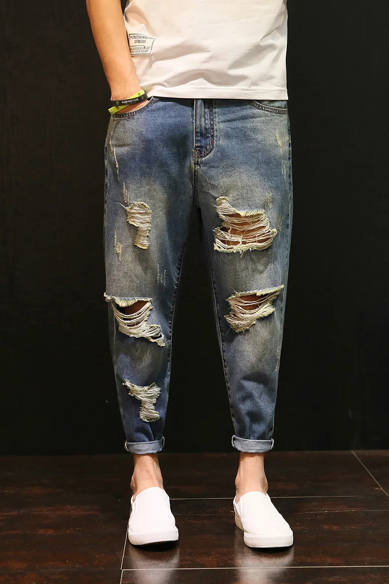 Мужские Мешковатые рваные джинсы с дырками, мужские потертые джинсы-шаровары, размер 42, хип-хоп укороченные джинсовые штаны, старый стиль, джоггеры A60504