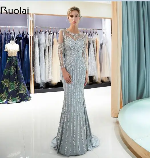Роскошные бисерные вечерние платья с длинным рукавом совок русалка платье выпускного вечера серый/шампань халат de Soiree SQ8 - Цвет: As the picture
