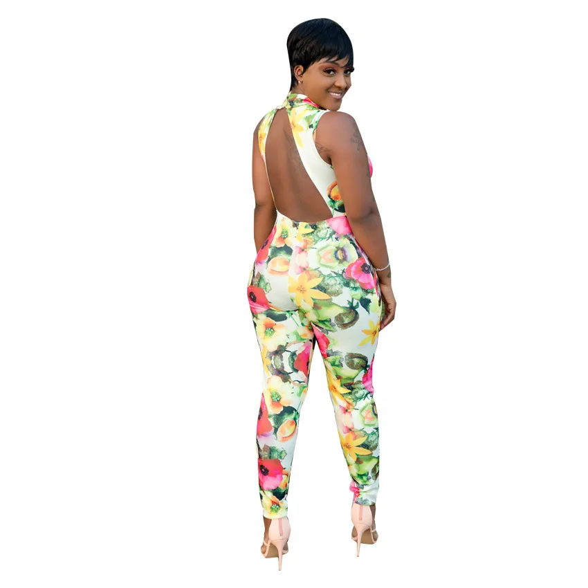 

Women Sexy Flower Print Backless Bodycon Jumpsuit Summer Fashion Hollow Out Lace Up Romper Ladies Boho Overalls