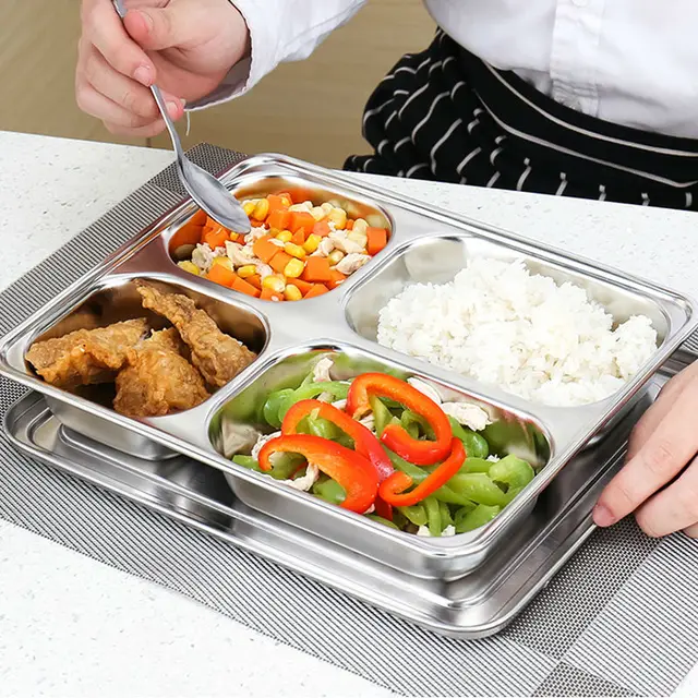 Thick Stainless Steel Square Dish Meal Plate Sub grid Five Extra