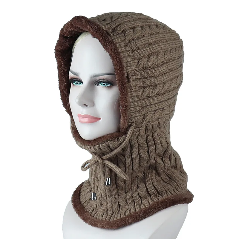 Wuaumx новая зимняя вязаная шапка шапочки для Для мужчин Для женщин шарф Skullies Кепки с бархатной Nack Теплые Мешковатые Балаклава головной убор
