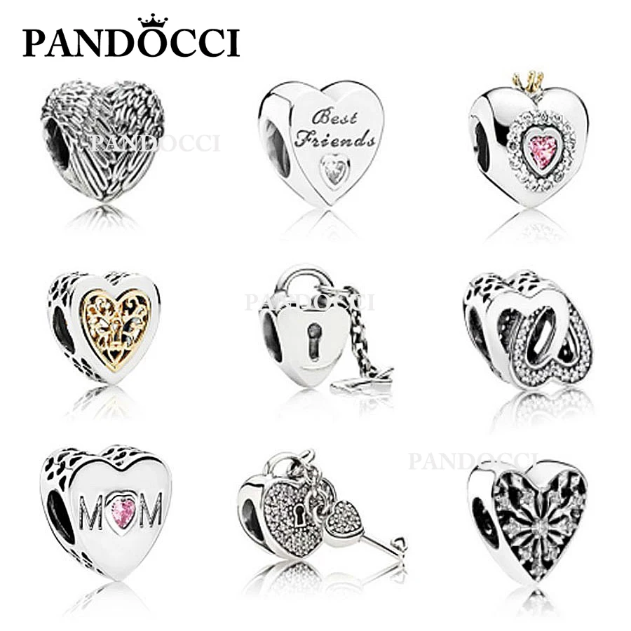 

PANDOCCI Genuine 100% 925 Sterling Silver Heart Shape Pan Charm Pearls collocation Charm Bracelet DIY bangle Silver Jewelry