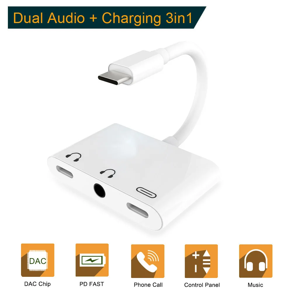 

3in1 Type C Adapter Fast Charging Audio Charger Splitter Dual USB C 3.5mm Music Call OTG Adapter For iPAD Pro 2018 Samsung S9 LG