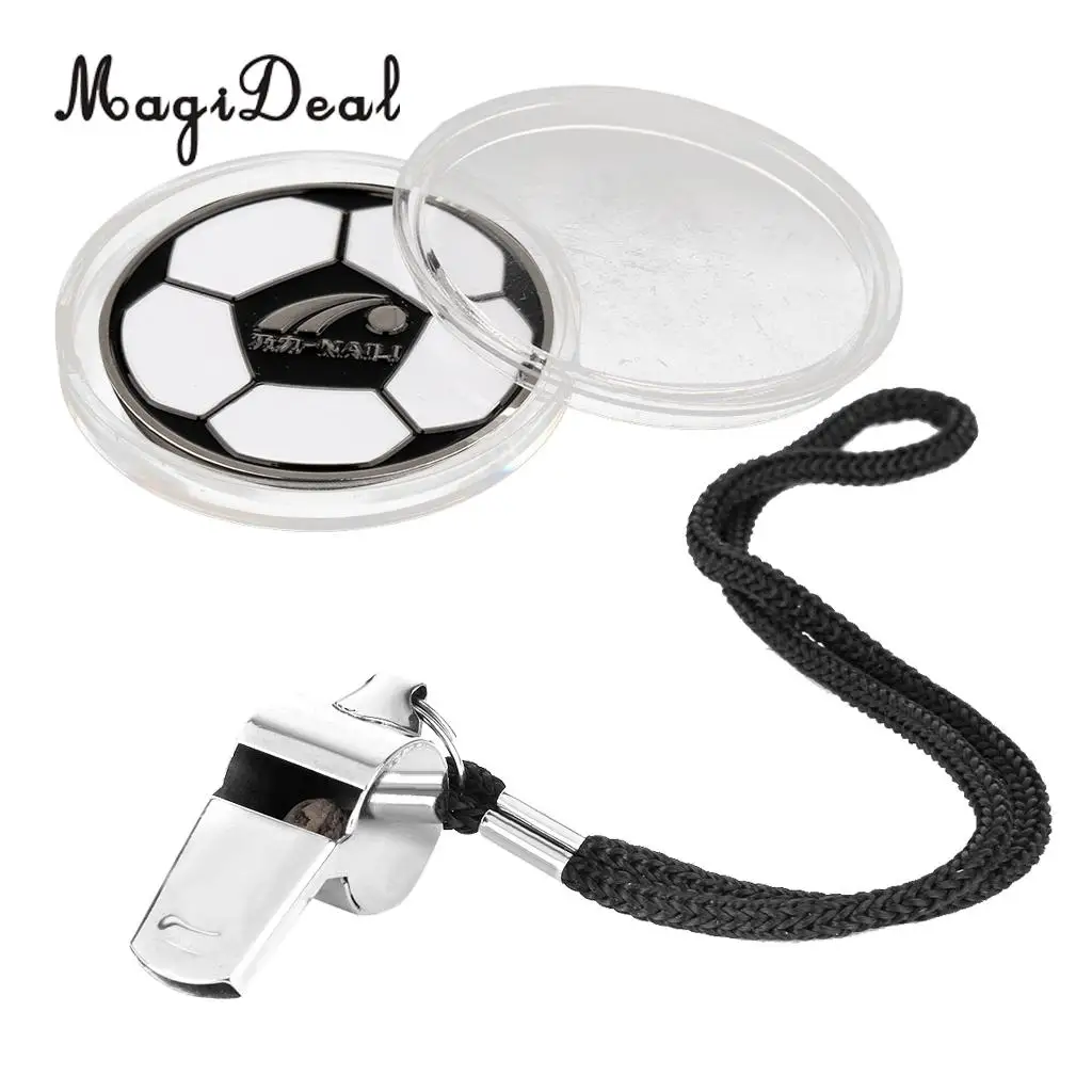 MagiDeal Double Sided Football Soccer Referee Flip Coin Toss Coin Plus Sports Referee Metal Whistles with Lanyard