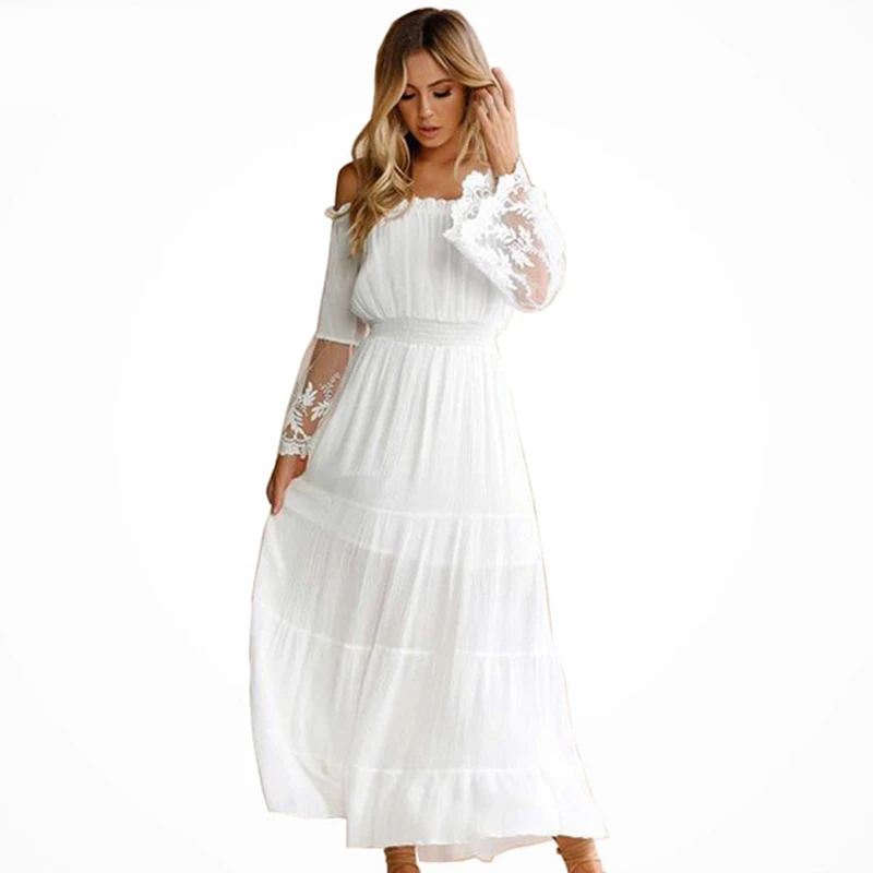 White Off The Shoulder Lace Beach Boho Sundress in Bohemian White Beach Dress