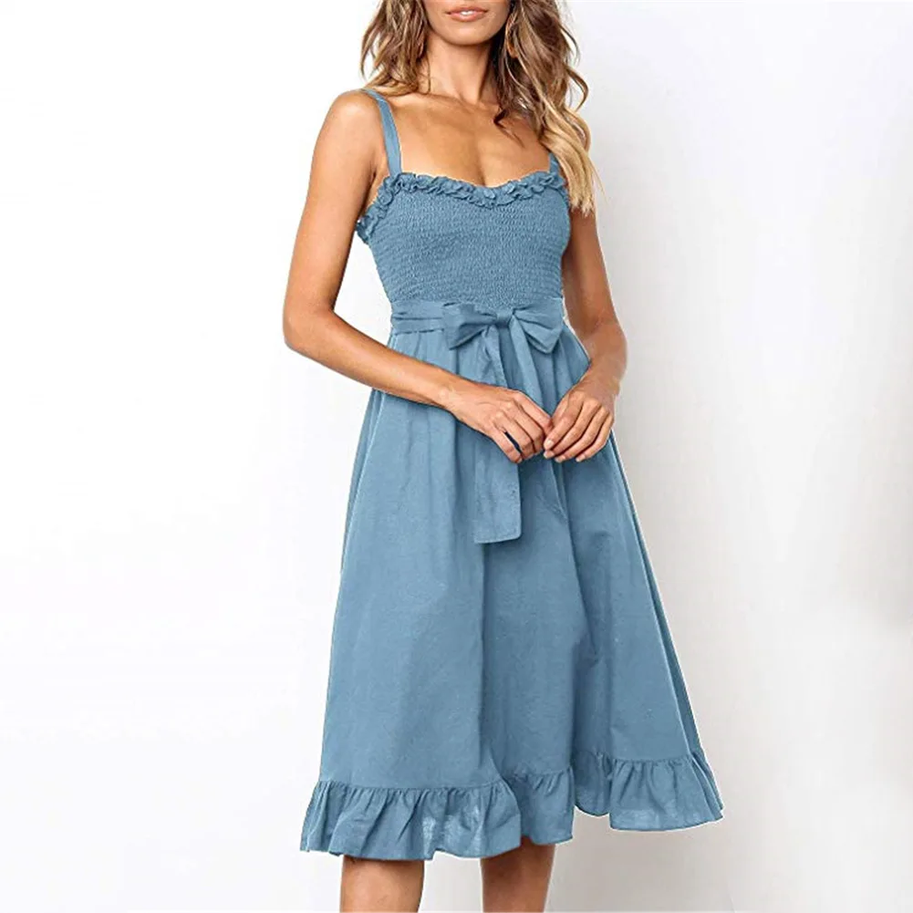 

Elegant Sweet Women Short Solid Dress Backless Spaghetti Strap Lace Up Pleated Ruffles Dresses Summer Spring Casual Vestidos