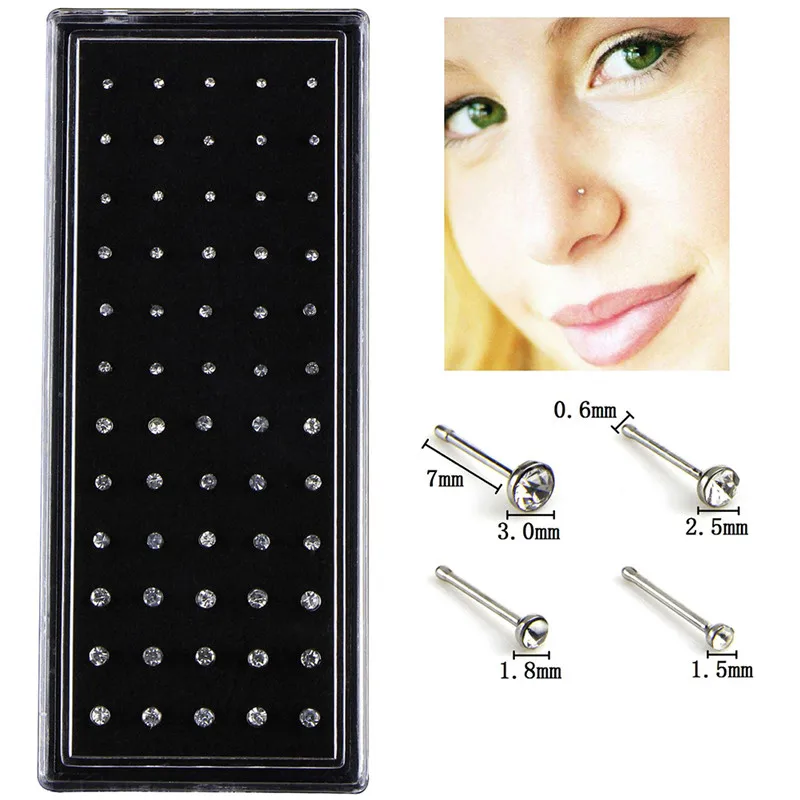 60pcs/set Crystal Surgical Steel Nose Ring Nose Studs Stainless Rhinestone Nose Piercing Stud Fashion Body Jewelry