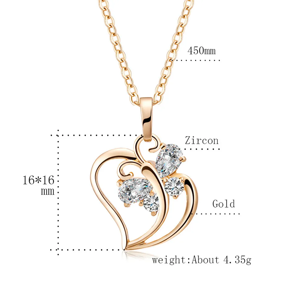 Trendy Cubic Zirconia Butterfly Heart Necklace Pendant Women Gold Color Neck Chain For Women Jewelry collier femme 2020