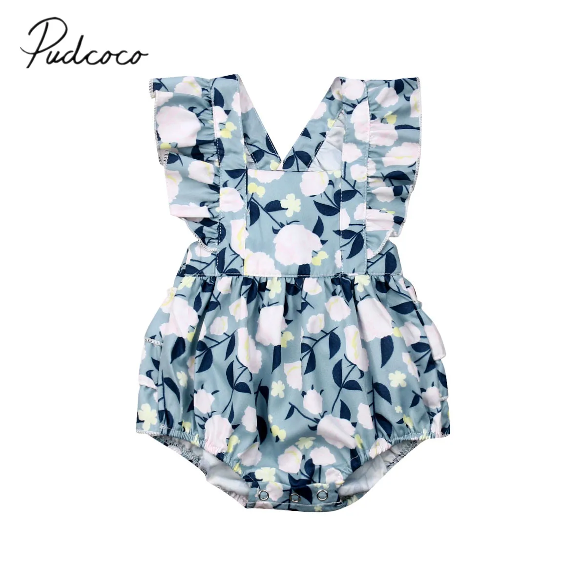

2019 Baby Summer Clothing 0-24M Infant Toddler Girl Floral Jumpsuit Ruffles Short Sleeve Backless Bodysuit Cotton Layered Outfit