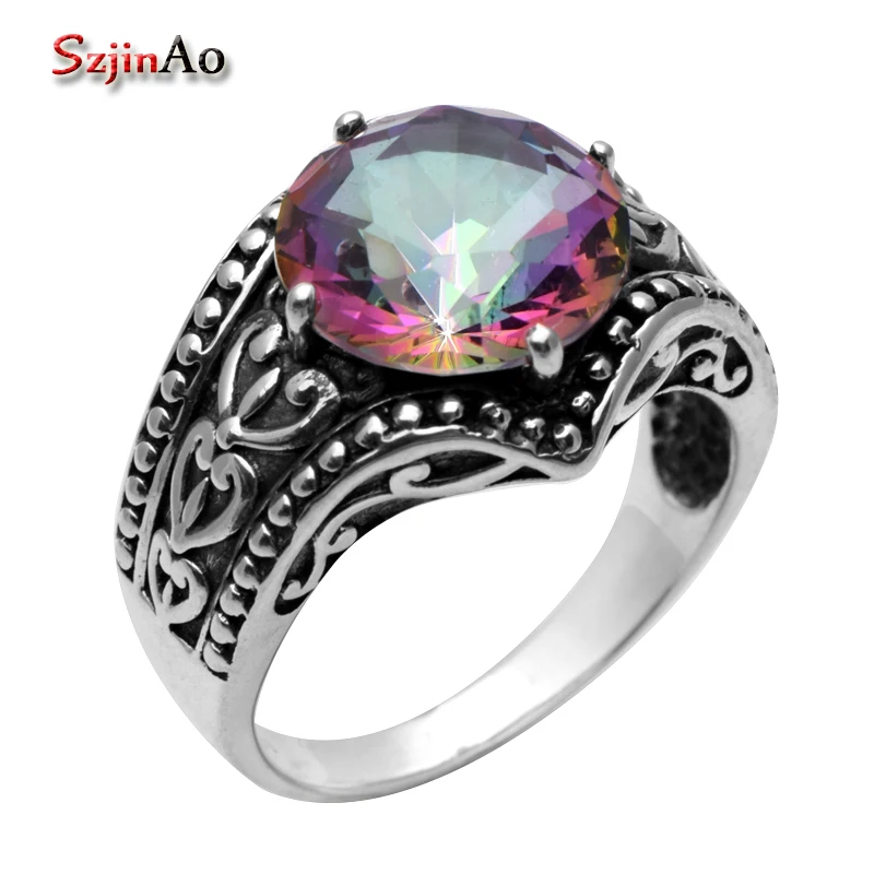 

Szjinao 925 Sterling Silver Ring Antique Ring Border Flowers Female Wedding Rings Rainbow Topaz Ring