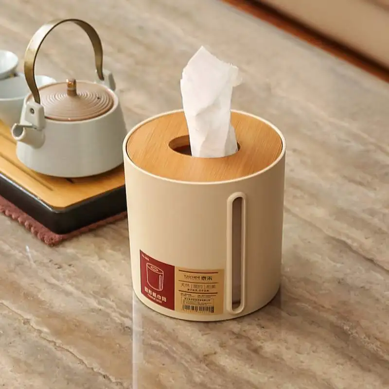 

Round Plastic Tissue Box Round With Bamboo Cover Side Draw Paper Tube Storage Organizer Tissue Holder Case for Home Decoration
