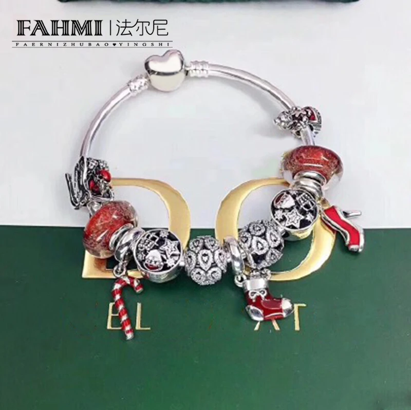 

FAHMI 100% 925 Sterling Silver NEW Christmas Bracelet Set Santa Socks Sleigh Charm Original Jewelry Women Charming Gifts