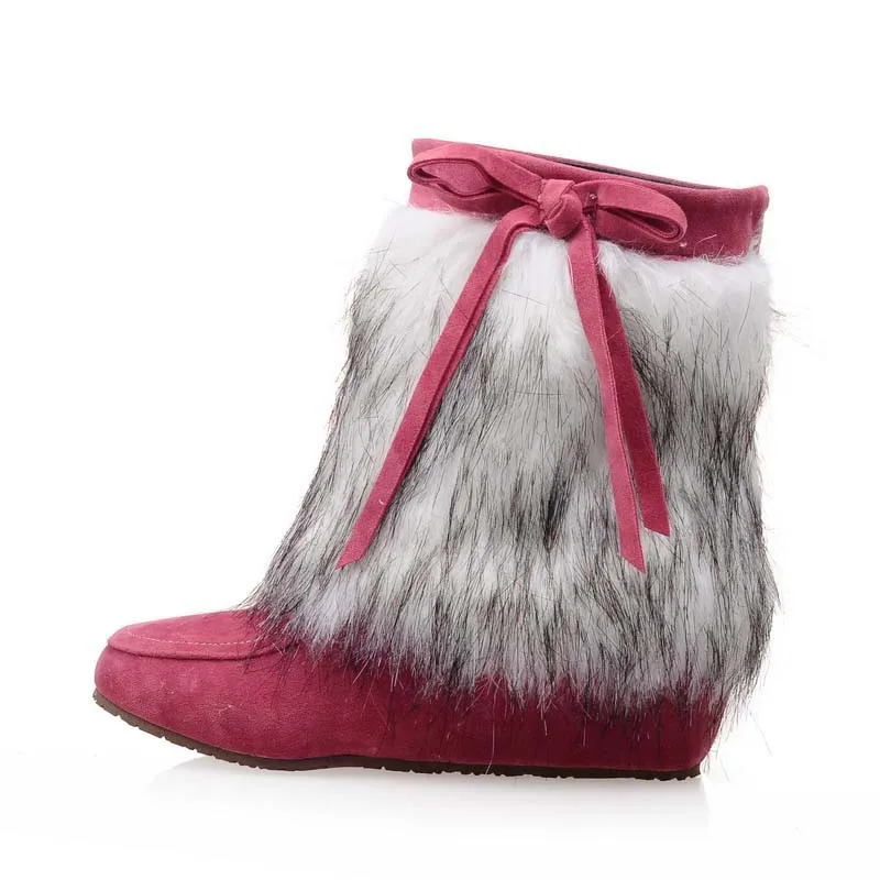 Anmairon/бежевые, черные, розовые зимние ботинки на искусственном меху без шнуровки женские флоковые ботильоны с круглым носком для женщин, зимняя обувь с бантом для девочек