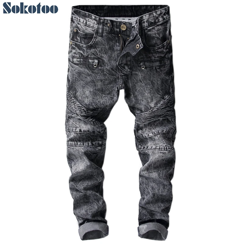 

Sokotoo Men's snow washed gray black biker jeans for moto Fashion patchwork slim straight denim pants